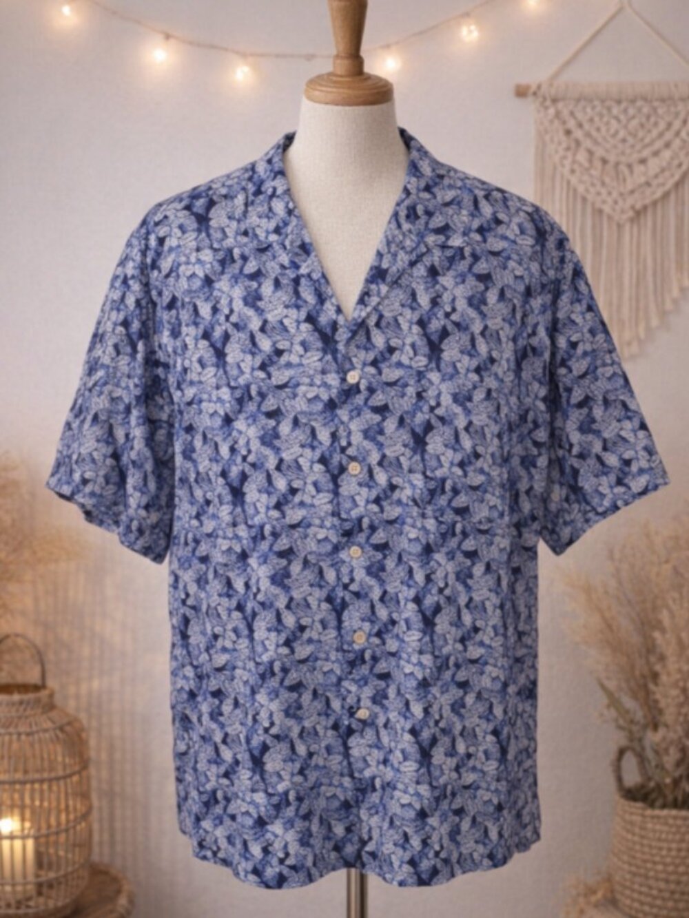 Vintage Linen‑Blend Button‑Up Shirt M Coastal Casual Old Money Blue Hong Kong